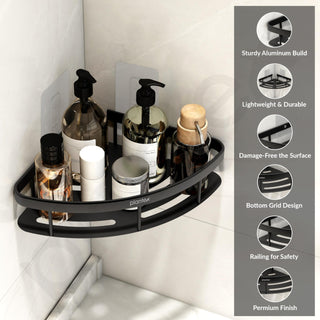 Plantex Self Adhesive Bathroom Shelf/Corner Shelf for Bathroom Wall/Wall Mounted Bathroom Shelves & Accessories/No Drill Kitchen Organizer Rack Shelf-Pack of 1(9x9 Inch,Matt Black)