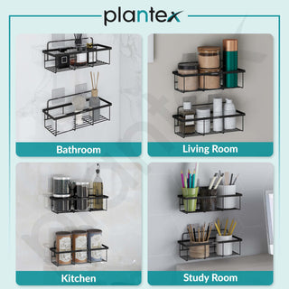 Plantex No Drill Bathroom Shelves/GI Steel Self Adhesive Bathroom Shelf/Shelf for Kitchen with Magic Sticker- Black Powder Coated (Pack of 2)