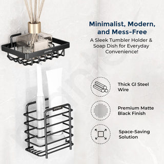 Plantex GI Steel Bathroom Accessories/Soap Dish for Bathroom/Tumbler Holder/Soap Stand/Case for Wall - Black, Combo