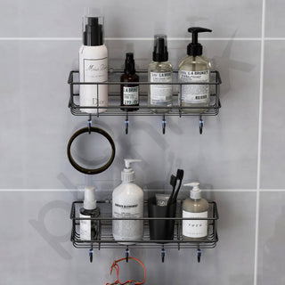 Plantex GI Steel Self Adhesive Bathroom Shelf & Rack/No Drill Wall Mount Bathroom Organiser with Hooks & Towel Hanger/Kitchen Hanging Shelf (Pack of 4-Black, Powder Coated)