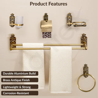 Plantex Aluminium Antique Bathroom Accessories Set Of 5-Pcs/Bathroom Hardware Set (Towel Rod/Napkin Ring/Paper Holder/Soap Dish/Tumbler Holder), Gold