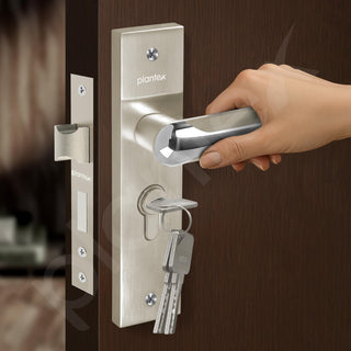 Plantex Heavy-Duty Door Lock Set - Main Door Lock Handle Set/Mortise Lock with 3 Keys, Brass Lock Body & Cylinder (8124 - Steel Satin & Chrome)