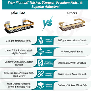 Plantex No Drill Bathroom Organiser/Self Adhesive Stainless Steel Shelf for Bathroom with Aluminium Railing/Storage Organiser- Pack of 2 (12x5 inches, Gold & Black)