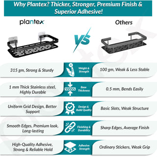 Plantex No Drill Bathroom Organiser/Self Adhesive Stainless Steel Shelf for Bathroom with Aluminium Railing- Pack of 2 (12x5 inches, Black)