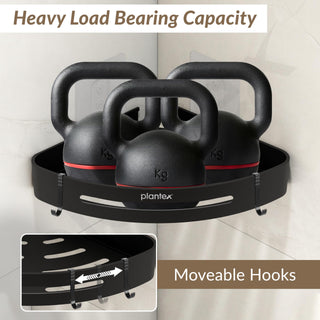 Plantex Self Adhesive Bathroom Corner Shelf/Bathroom Shelf Corner with Removable Hooks/Aluminum No Drill Bathroom Corner Organiser/Rack(9x9 inch Matt Black)