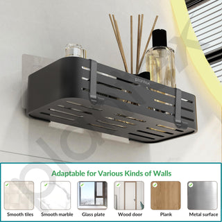 Plantex Aluminium Bathroom Stand for Wall/Self Adhesive Shelf with Removable Hooks & Magic Stickers/Bathroom Accessories Items (12x5 inches, Matt Black) - Pack of 2