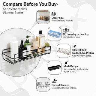Plantex Self Adhesive Bathroom Shelf Rack/Bathroom Organiser Without Drill//GI-Steel Shelf for Kitchen with Magic Stickers/Bathrooms Accessories- (12x5 inches,Black)