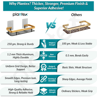 Plantex No Drill Bathroom Organiser/Self Adhesive Shelf for Bathroom/Aluminium Kitchen Organiser Rack Shelf with Magic Stickers (12x5 inches, Gold & Black) - Pack of 2
