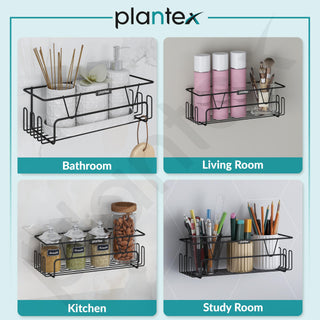 Plantex GI Steel Adhesive Shelf for Bathroom Wall/Self Adhesive Shelf for Kitchen with Side Hooks to Hang Loofah for Bathing/Bathroom Organiser - Black, Powder Coated