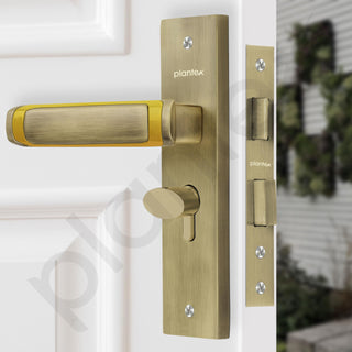 Plantex Heavy-Duty Door Lock Set - Main Door Lock Handle Set/Mortise Lock with 3 Keys, Brass Lock Body & Cylinder (8127 - Brass Antique & PVD Gold)