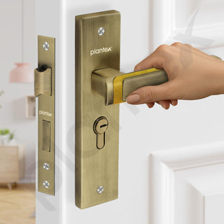 Plantex Heavy-Duty Door Lock Set - Main Door Lock Handle Set/Mortise Lock with 3 Keys, Brass Lock Body & Cylinder (8127 - Brass Antique & PVD Gold)