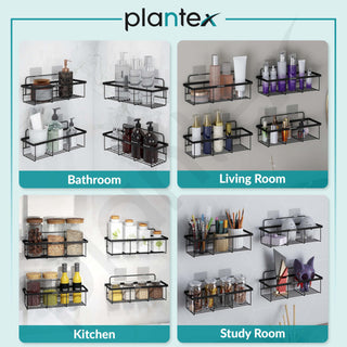 Plantex No Drill Bathroom Organiser/GI Steel Self Adhesive Shelf/Kitchen Shelf with Magic Sticker/Bathroom Accessories Set - Black, Powder Coated (Pack of 4)