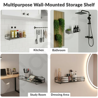 Plantex Self Adhesive Bathroom Shelf Rack/Bathroom Organiser Without Drill//GI-Steel Shelf for Kitchen with Magic Stickers/Bathrooms Accessories - Pack of 2 (12x5 Inches, Black)