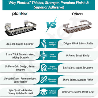 Plantex Self Adhesive Bathroom Shelf for Wall/Stainless Steel Rack with Aluminium Railing & Magic Stickers/Bathroom Organiser - Pack of 4 (12x5 inches, Satin & Black)