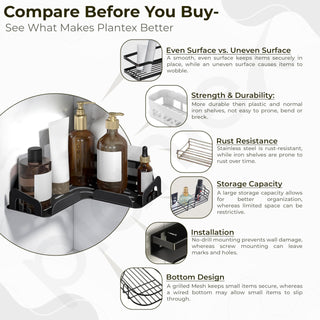 Plantex Self Adhesive Corner Shelf for Bathroom Wall/Stainless Steel Wall Mounted Corner Bathroom Shelf-Pack of 2 (10x10 Inch, Black)