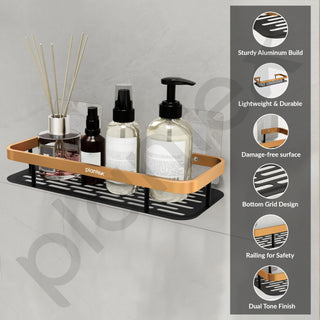 Plantex Drill Free Aluminium Bathroom Shelf/Self Adhesive Shelf for Kitchen with Golden Railing & Magic Stickers/Floating Storage Organiser (12x5 inches, Gold & Black) - Pack of 1