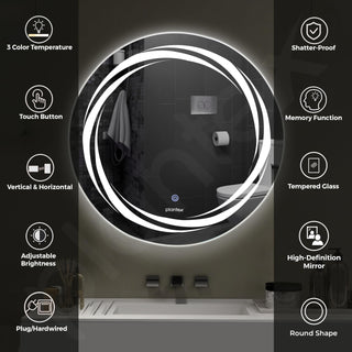 Plantex Glass Lighting Mirror With 3 Lighting Option/Smart Wall Mount Mirror Shatterproof For Living Room/Bedroom/Dressing Room - Round Shape (24 Inch), White
