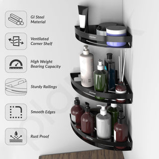 Plantex Corner Shelf for Bathroom Wall/Self Adhesive Bathroom Corner Shelf/Bathroom Organizer Without Drill - Pack of 3 (Black)