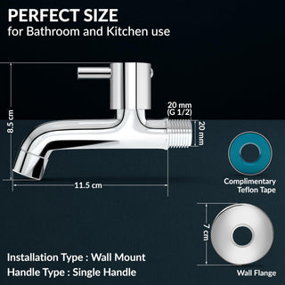 Plantex Long Body Bib Cock for Bathroom with Water Saving Aerator/Brass Spindle Bib Tap with Wall Flange and Teflon Tape for Bathroom (MKS-1272-Chrome)