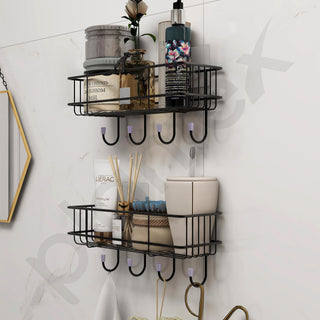 Plantex Multipurpose Bathroom Organiser Without Drill/GI Steel Self-Adhesive Shelf/Wall Mounted Shelf for Bathroom with Hooks- Pack of 2 (Black,Powder Coated)