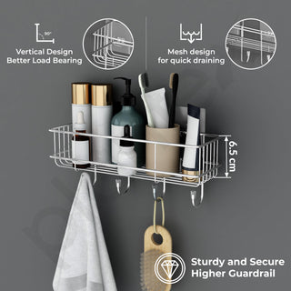 Plantex Stainless Steel Self Adhesive Bathroom Shelf/No Drill Bathroom Organizer with Hooks/Washroom Shelf- Pack of 1(Chrome)