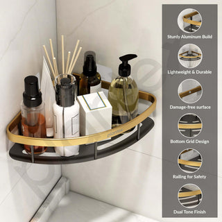 Plantex Self Adhesive Bathroom Corner Shelf/Aluminium Wall Mounted Rack for Kitchen Corner with Golden Railing & Magic Stickers/Bathroom Accessories (9x9 inches, Gold & Black)