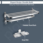 Plantex 304 Stainless Steel Dual Folding Towel Rack for Bathroom with Double Soap Dish/Holder/Bathroom Organizer/Bathroom Accessories Set- Chrome