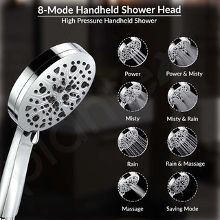Plantex Abs Hand Shower For Bathroom/5 Inch Round Multi-Function 8 Mode Shower Hand/Hand Shower Set With 1.5 Meter Flexible Tube Pipe With Self Adhesive Bracket - (Chrome)