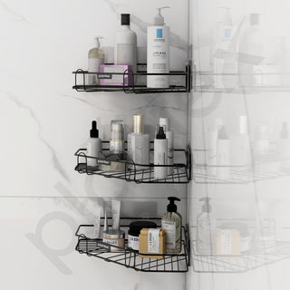 Plantex Self Adhesive Corner Shelf for Bathroom/Adhesive Shelf for Kitchen - with Magic Sticker/Bathroom Organizer Without Drill - Pack of 3 (Diamond, Black)