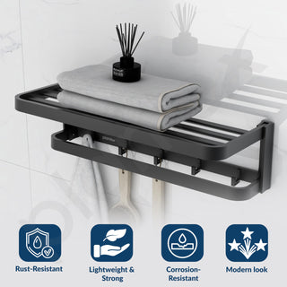 Plantex Towel Rack for Bathroom/Aluminium Towel Hanger/Towel Holder with Towel Rod and Hook/Towel Stand/24 Inch Towel Bar/Bathroom Accessories - (Black)