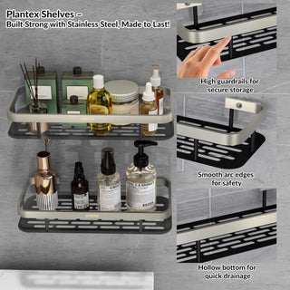 Plantex No Drill Bathroom Organiser/Self Adhesive Stainless Steel Shelf for Bathroom with Aluminium Railing/Shelf for Bedroom- Pack of 2 (12x5 inches, Satin & Black)