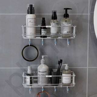 Plantex Stainless Steel Bathroom Organiser Without Drill/Multipurpose Shelf with Hooks/Drill Free Shampoo Holder for Bathroom - Wall Mount - Pack of 2 (Chrome)