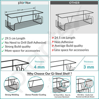 Plantex GI Steel Bathroom Accessories Self Adhesive/Bathroom Shelf for Wall Without Drilling with Side Hooks & Magic Sticker - Black, Powder Coated (Pack of 4)