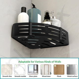 Plantex No Drill Bathroom Corner Shelves/Aluminium Self Adhesive Corner Shelf for Bathroom Wall/Bathroom Shelf Corner with Removable Hooks & Magic Stickers (9x9 inches, Matt Black) - Pack of 2