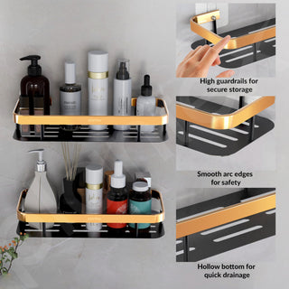 Plantex No Drill Bathroom Organiser/Self Adhesive Shelf for Bathroom/Aluminium Kitchen Organiser Rack Shelf with Magic Stickers (12x5 inches, Gold & Black) - Pack of 2