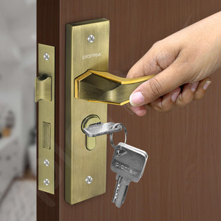 Plantex Heavy-Duty Door Lock Set - Main Door Lock Handle Set/Mortise Lock with 3 Keys, Brass Lock Body & Cylinder (8126 - Brass Antique & PVD Gold)