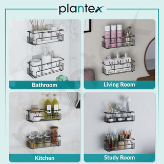 Plantex Bathroom Organiser Without Drill/Shelf for Wall Adhesive Black/GI Steel Shelf for Bathroom with Side Hooks/Washroom Accessories Set - Powder Coated (Pack of 2)