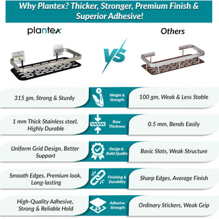 Plantex No Drill Bathroom Organiser/Self Adhesive Stainless Steel Shelf for Bathroom with Aluminium Railing/Shelf for Bedroom- Pack of 2 (12x5 inches, Satin & Black)