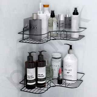 Plantex Self Adhesive Bathroom Side Corner Shelf/No Drill Bathroom Corner Shelves for Wall/Bathroom Organizer Without Drill - GI Metal (Pack of 2), Black