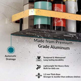 Plantex No Drill Bathroom Organiser/Self Adhesive Shelf for Bathroom/Aluminium Kitchen Organiser Rack Shelf with Magic Stickers (12x5 inches, Gold & Black) - Pack of 2