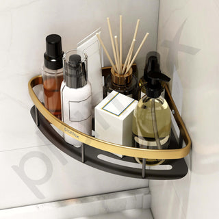 Plantex Self Adhesive Bathroom Corner Shelf/Aluminium Wall Mounted Rack for Kitchen Corner with Golden Railing & Magic Stickers/Bathroom Accessories (9x9 inches, Gold & Black)