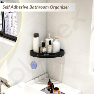 Plantex Self Adhesive Bathroom Corner Shelf/Bathroom Shelf Corner with Removable Hooks/Aluminum No Drill Bathroom Corner Organiser/Rack(9x9 inch Matt Black)