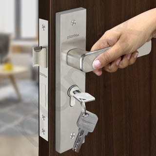 Plantex Heavy-Duty Door Lock Set - Main Door Lock Handle Set/Mortise Lock with 3 Keys, Brass Lock Body & Cylinder (8125 - Steel Satin & Chrome)