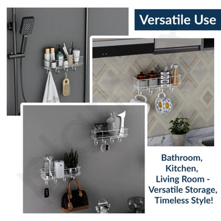 Plantex Stainless Steel Self Adhesive Bathroom Shelf/No Drill Bathroom Organizer with Hooks/Washroom Shelf- Pack of 1(Chrome)