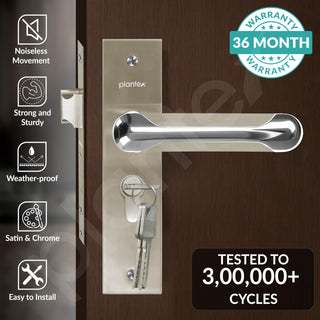 Plantex Heavy-Duty Door Lock Set - Main Door Lock Handle Set/Mortise Lock with 3 Keys, Brass Lock Body & Cylinder (8124 - Steel Satin & Chrome)