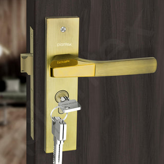 Plantex Heavy-Duty Door Lock Set - Main Door Lock Handle Set/ 6-Lever Lock Mechanism with 3 Years of Warranty/Mortise Lock with 3 Keys, Brass Lockbody & Cylinder(8114 - Brass Antique & PVD Gold)