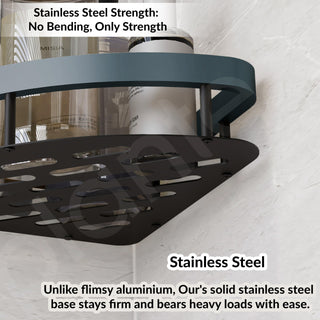 Plantex Self Adhesive Corner Shelf for Bathroom Wall/Aluminium & Stainless Steel Corner Rack/Storage Organizer/Bathroom Accessories Set- Pack of 1 (8 x 8 inch,Cadet Blue & Black)