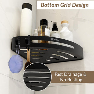 Plantex Self Adhesive Bathroom Corner Shelf/Bathroom Shelf Corner with Removable Hooks/Aluminum No Drill Bathroom Corner Organiser/Rack(9x9 inch Matt Black)