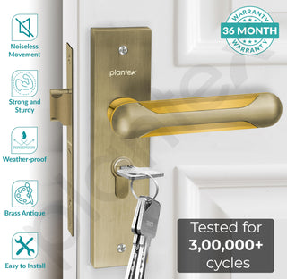 Plantex Heavy-Duty Door Lock Set - Main Door Lock Handle Set/Mortise Lock with 3 Keys, Brass Lock Body & Cylinder (8124 - Brass Antique & PVD Gold)