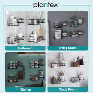 Plantex GI Steel Bathroom Accessories Self Adhesive/Self Adhesive Kitchen Shelf with Side Hooks to Hang Loofah, Soap Holder & Magic Stickers - Black, Powder Coated (Pack of 4)